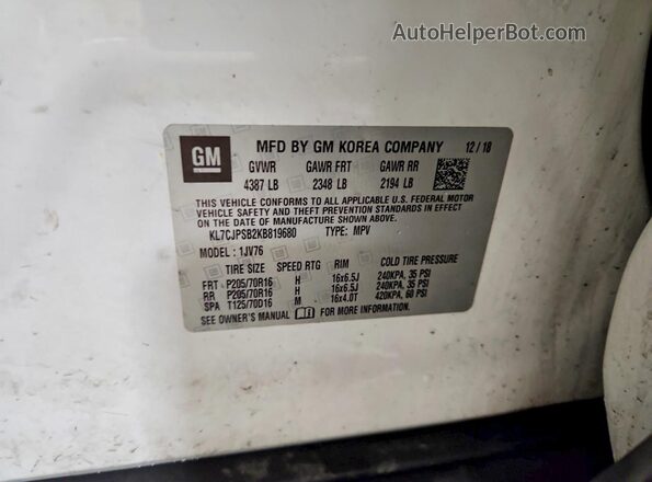 KL7CJPSB2KB819680 2019 CHEVROLET TRAX White 