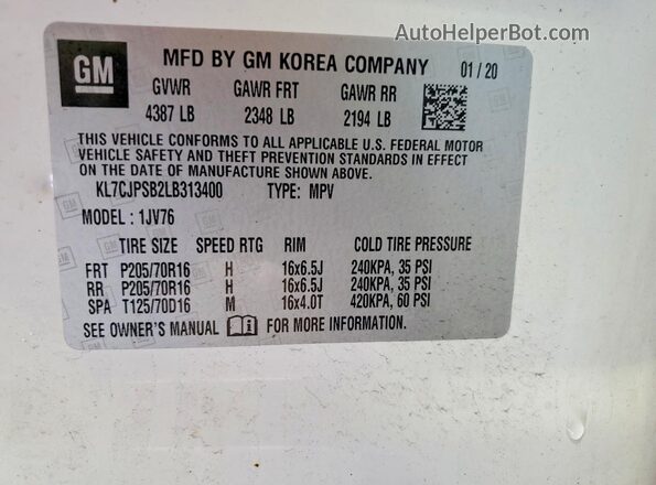 KL7CJPSB2LB313400 2020 CHEVROLET TRAX White Vista de la etiqueta del VIN