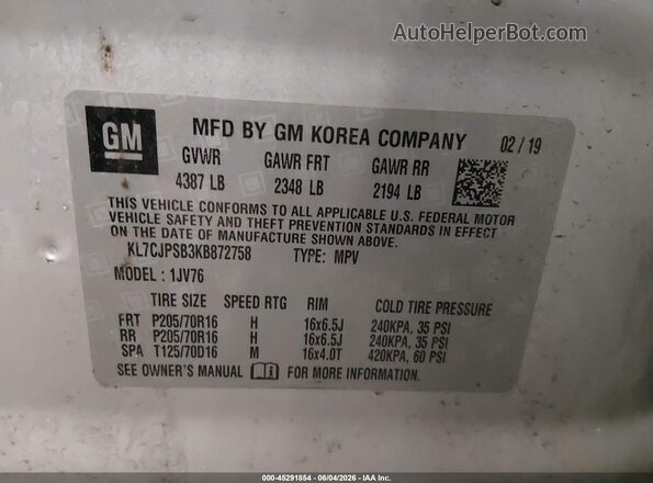 KL7CJPSB3KB872758 2019 CHEVROLET TRAX Серебряный Вид подкапотного пространства