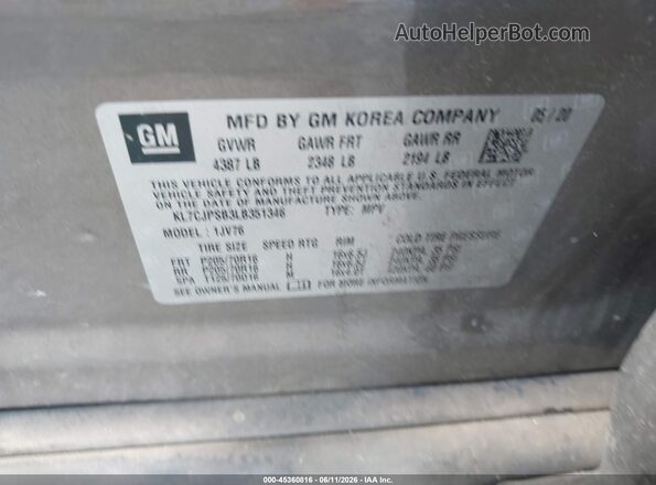 KL7CJPSB3LB351346 2020 CHEVROLET TRAX Gray Widok komory silnika