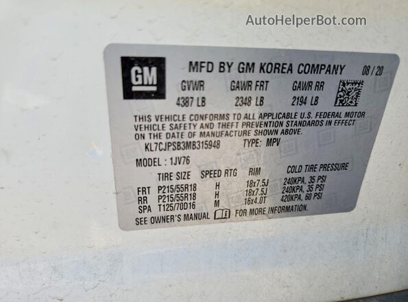 KL7CJPSB3MB315948 2021 CHEVROLET TRAX White Widok komory silnika