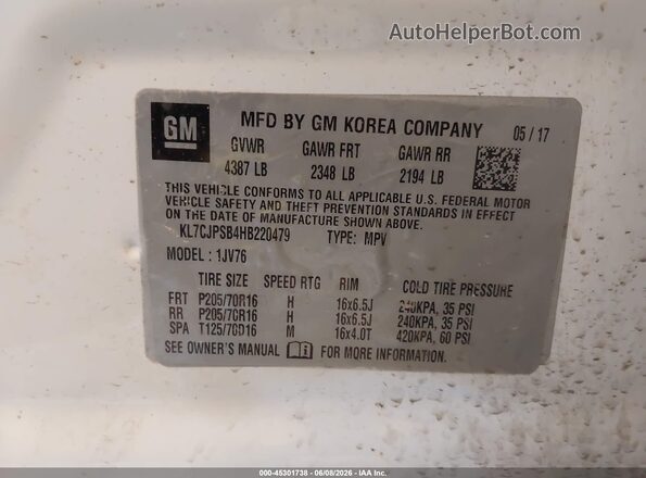 KL7CJPSB4HB220479 2017 CHEVROLET TRAX White Vista del compartimento del motor