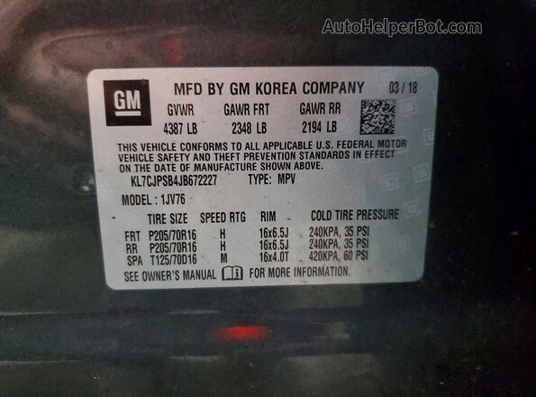 KL7CJPSB4JB672227 2018 CHEVROLET TRAX Gray Vista del compartimento del motor
