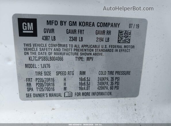 KL7CJPSB5LB004066 2020 CHEVROLET TRAX White Engine compartment view