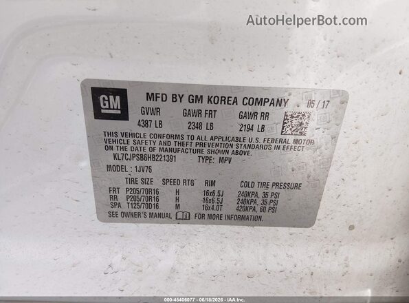 KL7CJPSB6HB221391 2017 CHEVROLET TRAX White ძრავის განყოფილების ხედი