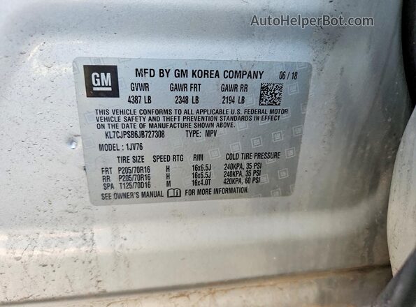 KL7CJPSB6JB727308 2018 CHEVROLET TRAX Silver Սալոնի 360 աստիճան տեսք