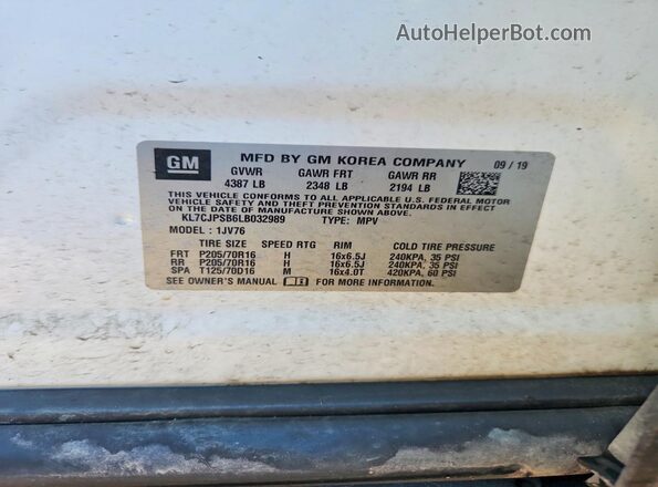 KL7CJPSB6LB032989 2020 CHEVROLET TRAX White 