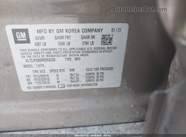 KL7CJPSB6MB358339 2021 CHEVROLET TRAX Gray Engine compartment view