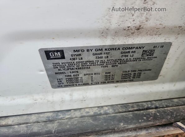 KL7CJPSB7KB833154 2019 CHEVROLET TRAX White VIN կոդի պիտակի տեսք