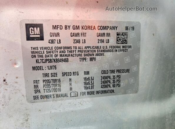 KL7CJPSB7KB949468 2019 CHEVROLET TRAX Silver 