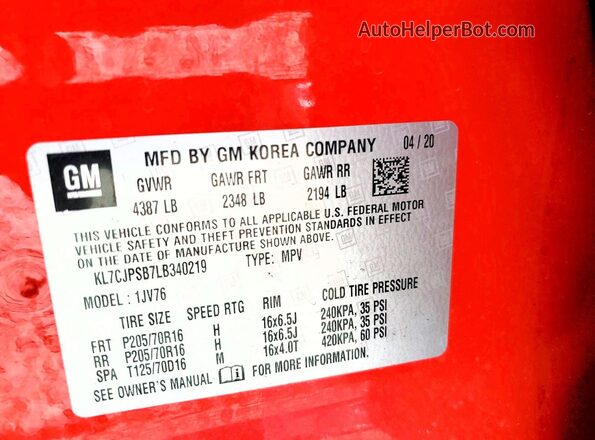 KL7CJPSB7LB340219 2020 CHEVROLET TRAX Red VIN sticker view