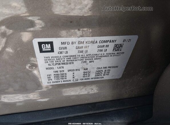 KL7CJPSB7MB351870 2021 CHEVROLET TRAX Champagne Вид подкапотного пространства