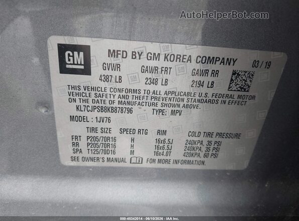 KL7CJPSB8KB878796 2019 CHEVROLET TRAX Gray Engine compartment view