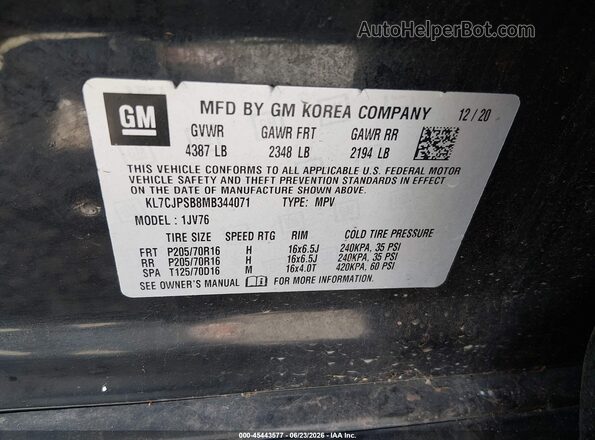 KL7CJPSB8MB344071 2021 CHEVROLET TRAX Черный Вид подкапотного пространства