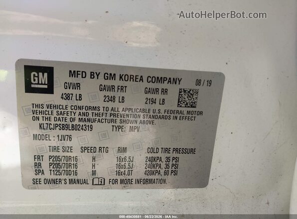 KL7CJPSB9LB024319 2020 CHEVROLET TRAX White Vista del compartimento del motor