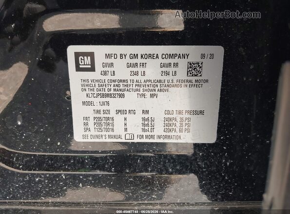 KL7CJPSB9MB327909 2021 CHEVROLET TRAX Black Շարժիչի բաժամունքի տեսք