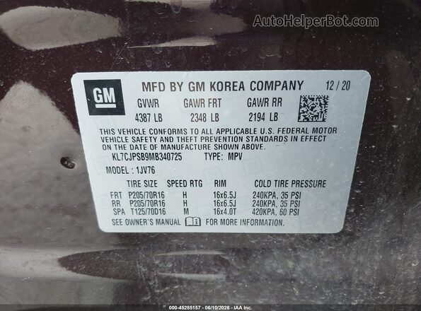 KL7CJPSB9MB340725 2021 CHEVROLET TRAX Burgundy ძრავის განყოფილების ხედი