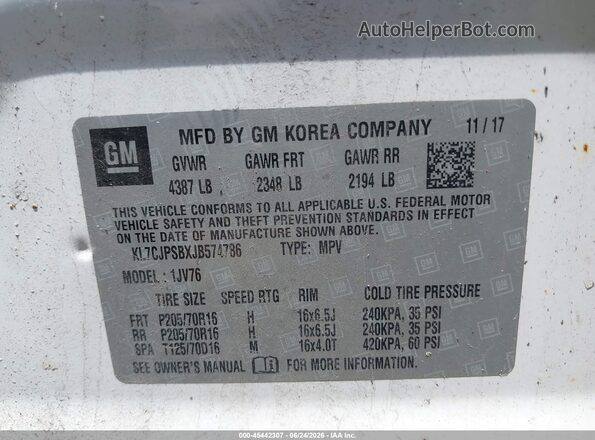 KL7CJPSBXJB574786 2018 CHEVROLET TRAX White ძრავის განყოფილების ხედი