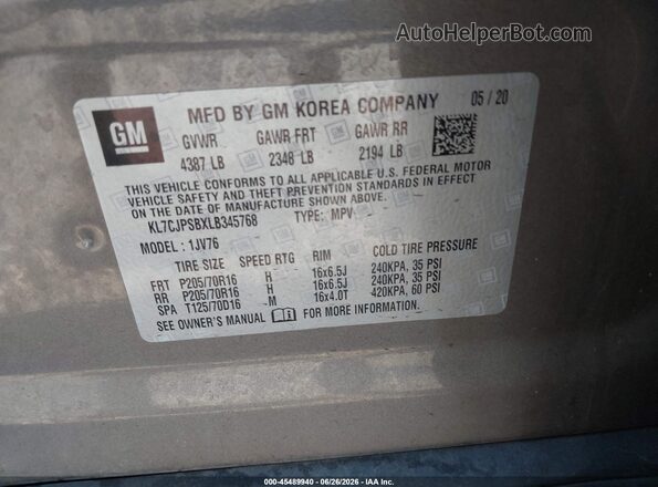 KL7CJPSBXLB345768 2020 CHEVROLET TRAX Gray ძრავის განყოფილების ხედი