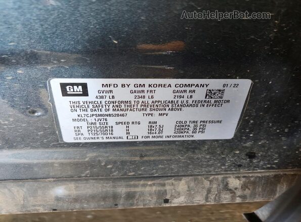 KL7CJPSM0NB520467 2022 CHEVROLET TRAX Charcoal VIN կոդի պիտակի տեսք