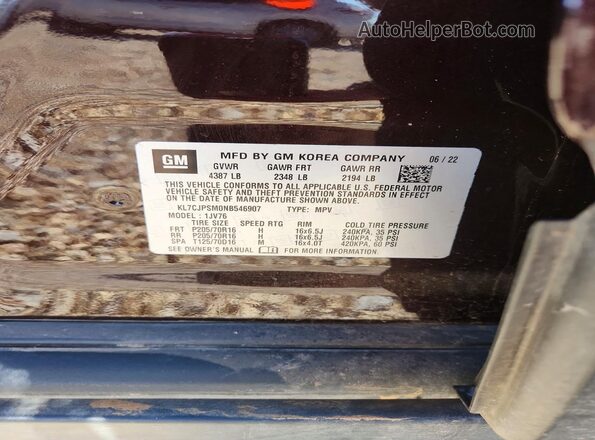 KL7CJPSM0NB546907 2022 CHEVROLET TRAX Burgundy Widok naklejki z numerem VIN