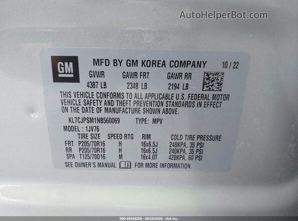 KL7CJPSM1NB560069 2022 CHEVROLET TRAX Silver Вид підкапотного простору