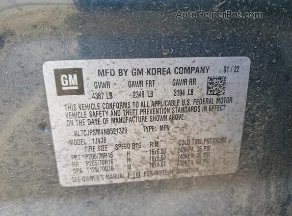 KL7CJPSM4NB521329 2022 CHEVROLET TRAX Blue Вид наклейки з VIN-кодом