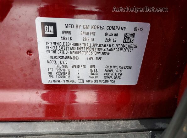 KL7CJPSM4NB548093 2022 CHEVROLET TRAX Red ძრავის განყოფილების ხედი