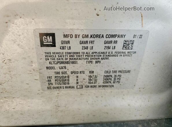 KL7CJPSM6NB516651 2022 CHEVROLET TRAX Silver VIN კოდის სტიკერის ხედი