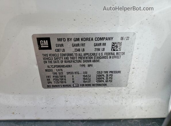KL7CJPSM6NB546961 2022 CHEVROLET TRAX White Widok komory silnika