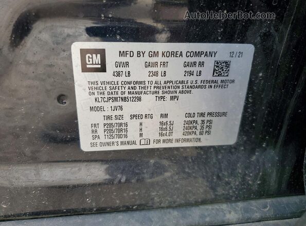 KL7CJPSM7NB512298 2022 CHEVROLET TRAX Black VIN sticker view