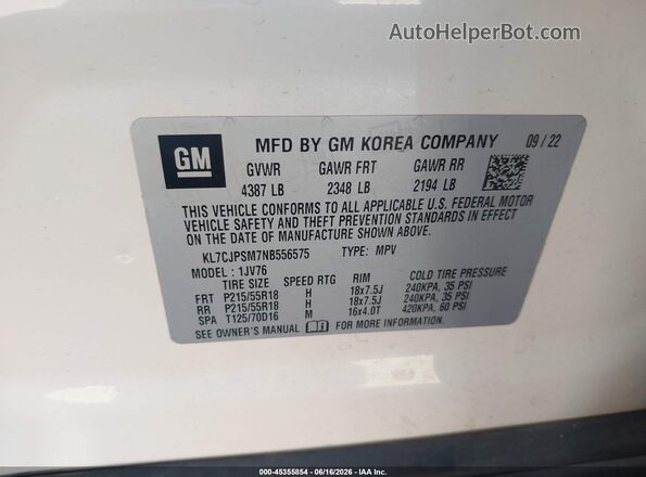 KL7CJPSM7NB556575 2022 CHEVROLET TRAX White Շարժիչի բաժամունքի տեսք
