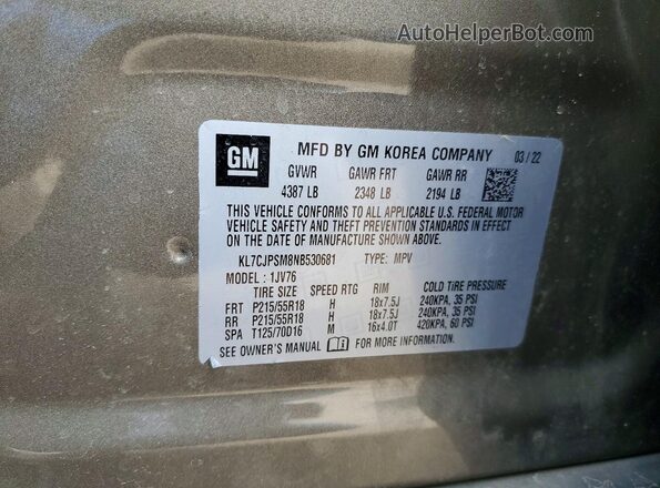 KL7CJPSM8NB530681 2022 CHEVROLET TRAX Gray 