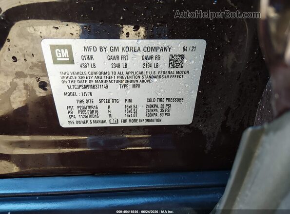 KL7CJPSM9MB371149 2021 CHEVROLET TRAX Purple Vista del compartimento del motor