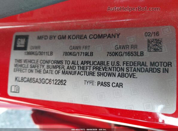 KL8CA6SA3GC612262 2016 CHEVROLET SPARK Red Engine compartment view