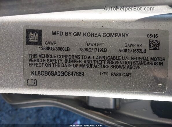 KL8CB6SA0GC647869 2016 CHEVROLET SPARK Silver Vista del compartimento del motor