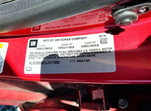 KL8CB6SA1LC417669 2020 CHEVROLET SPARK Red 