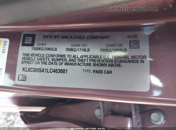 KL8CB6SA1LC463681 2020 CHEVROLET SPARK Purple Engine compartment view