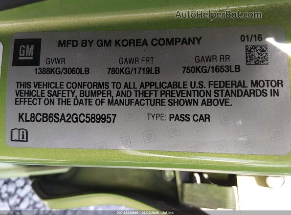 KL8CB6SA2GC589957 2016 CHEVROLET SPARK Green Engine compartment view