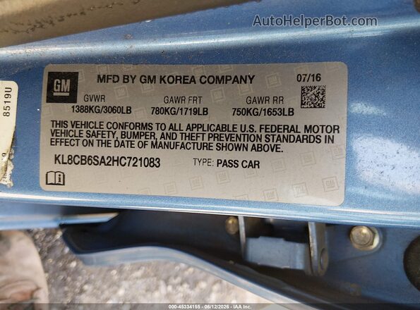 KL8CB6SA2HC721083 2017 CHEVROLET SPARK Синий Вид подкапотного пространства