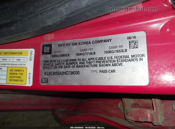 KL8CB6SA2HC734030 2017 CHEVROLET SPARK Red Widok komory silnika