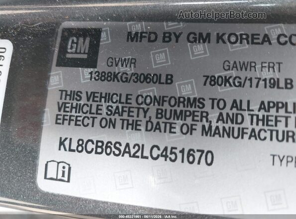 KL8CB6SA2LC451670 2020 CHEVROLET SPARK Gray Вид підкапотного простору