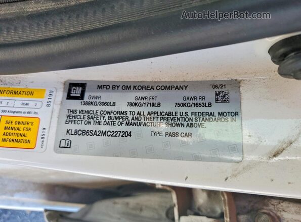 KL8CB6SA2MC227204 2021 CHEVROLET SPARK Белый Вид наклейки с VIN-кодом