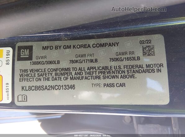 KL8CB6SA2NC013346 2022 CHEVROLET SPARK Blue Widok komory silnika