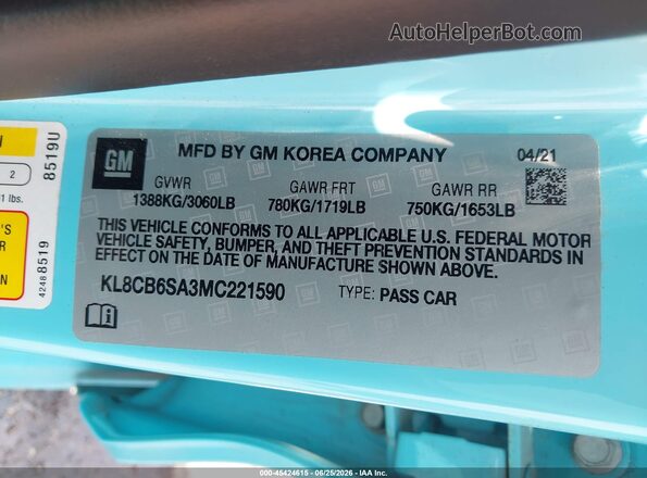KL8CB6SA3MC221590 2021 CHEVROLET SPARK Blue Widok komory silnika