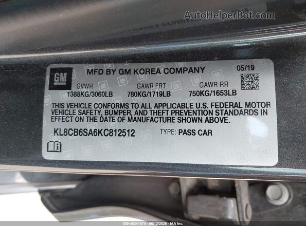 KL8CB6SA6KC812512 2019 CHEVROLET SPARK Gray ძრავის განყოფილების ხედი