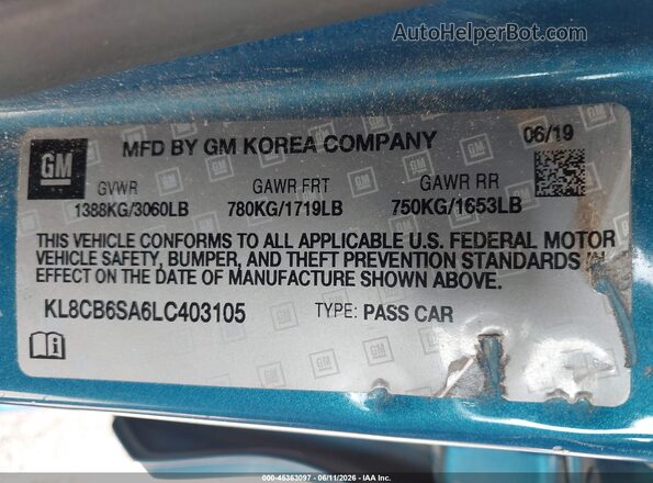 KL8CB6SA6LC403105 2020 CHEVROLET SPARK Turquoise Շարժիչի բաժամունքի տեսք