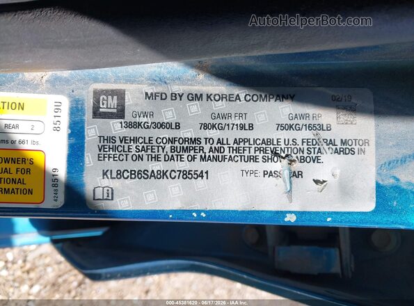 KL8CB6SA8KC785541 2019 CHEVROLET SPARK Blue Widok komory silnika
