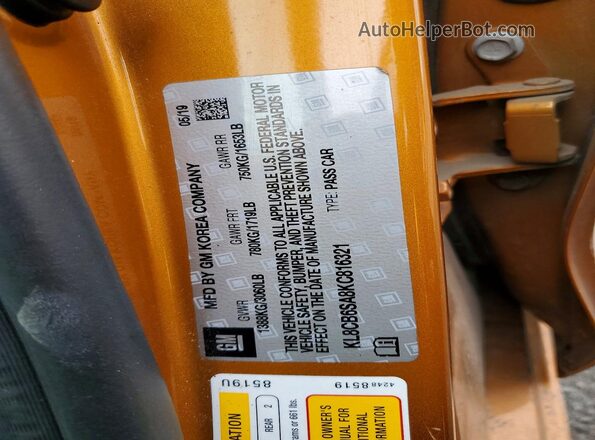 KL8CB6SA8KC816321 2019 CHEVROLET SPARK Orange Вид наклейки з VIN-кодом