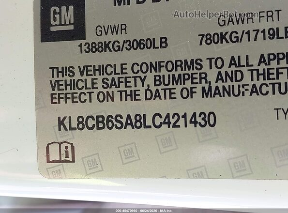 KL8CB6SA8LC421430 2020 CHEVROLET SPARK White Շարժիչի բաժամունքի տեսք